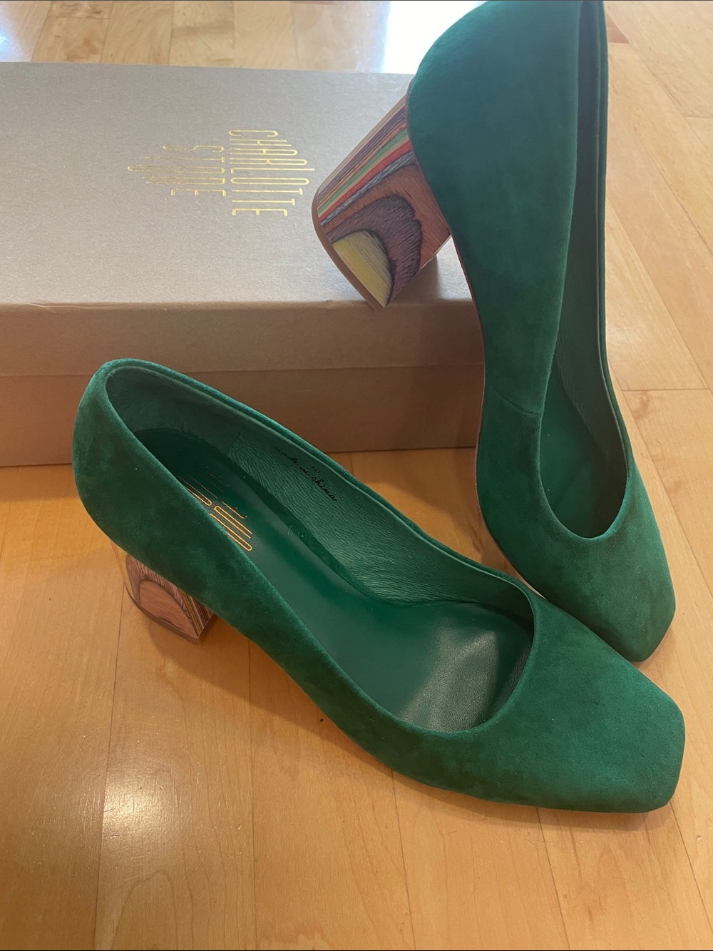 Charlotte Stone Estee Heel Green Suede Block Heel Pumps - Women's Dress Shoes - Picture 10 of 13